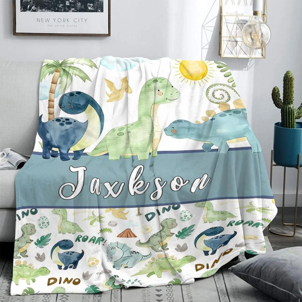 Customized Blanket with a Personalized Name Featuring a Cute cartoon Dinosaur. Suitable for Camping, Pets, Decorating Rooms, Etc