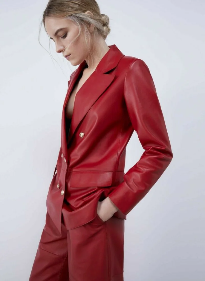 Stylish Lambskin Leather Red Genuine Women Formal Suit Blazer Designer Slim Fit