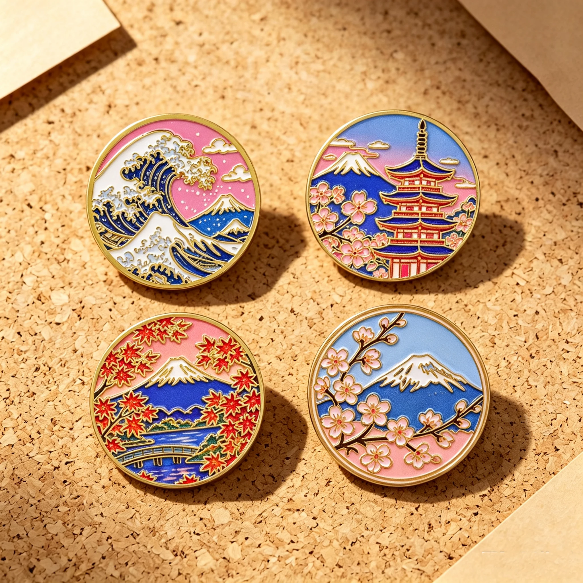 4pcs/Set Fuji Mountain Wave Sakura Enamel Pin Japanese Ukiyo View Brooch Lapel For Backpack Hat Badges Jewelry Gifts for Friends