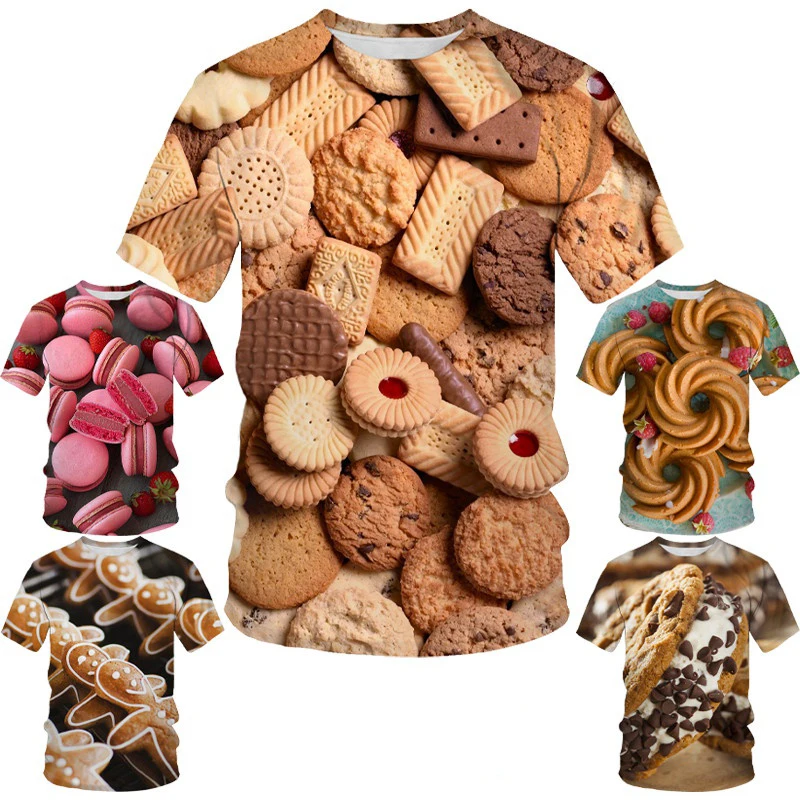 Funny Food T-shirt 3D Printing Men's Cookie Round Neck Short Sleeve Macaron Waffle Casual Cool Tops