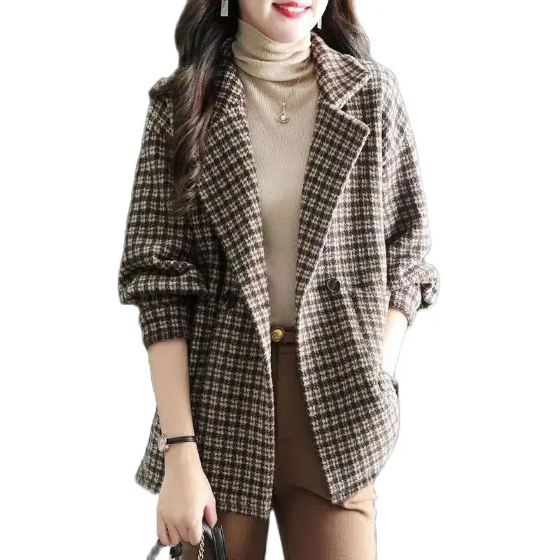 

High-Grade Women's Woolen Coat Tops 2022 Spring Autumn New Korean Elegant Lady Woolen Suit Jacket Fashion Plaid Outerwear