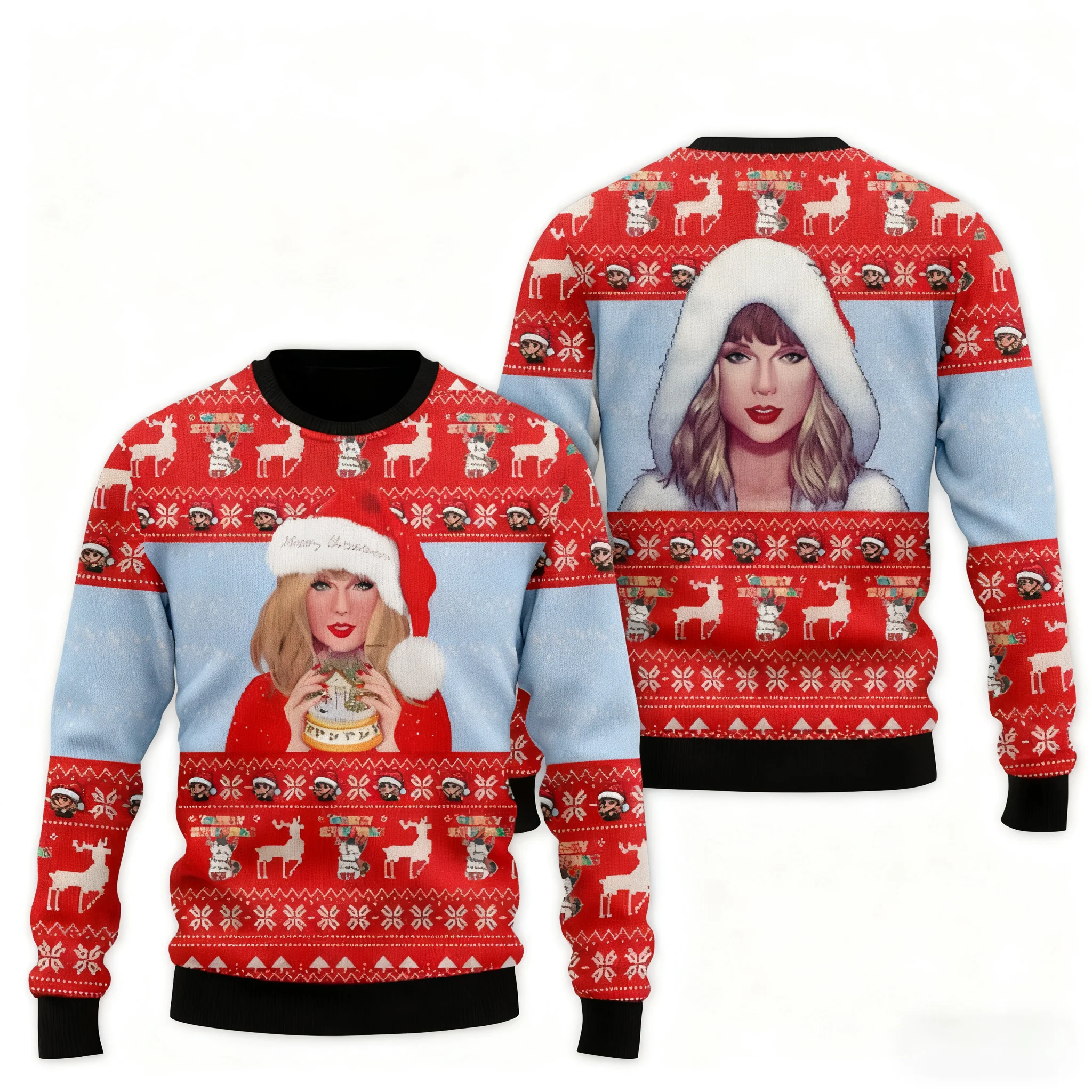 

Christmas Ugly Sweater Party 3D Girl Printed Loose Comfortable Soft And Comfortable Winter Round Neck Sweater Customizable