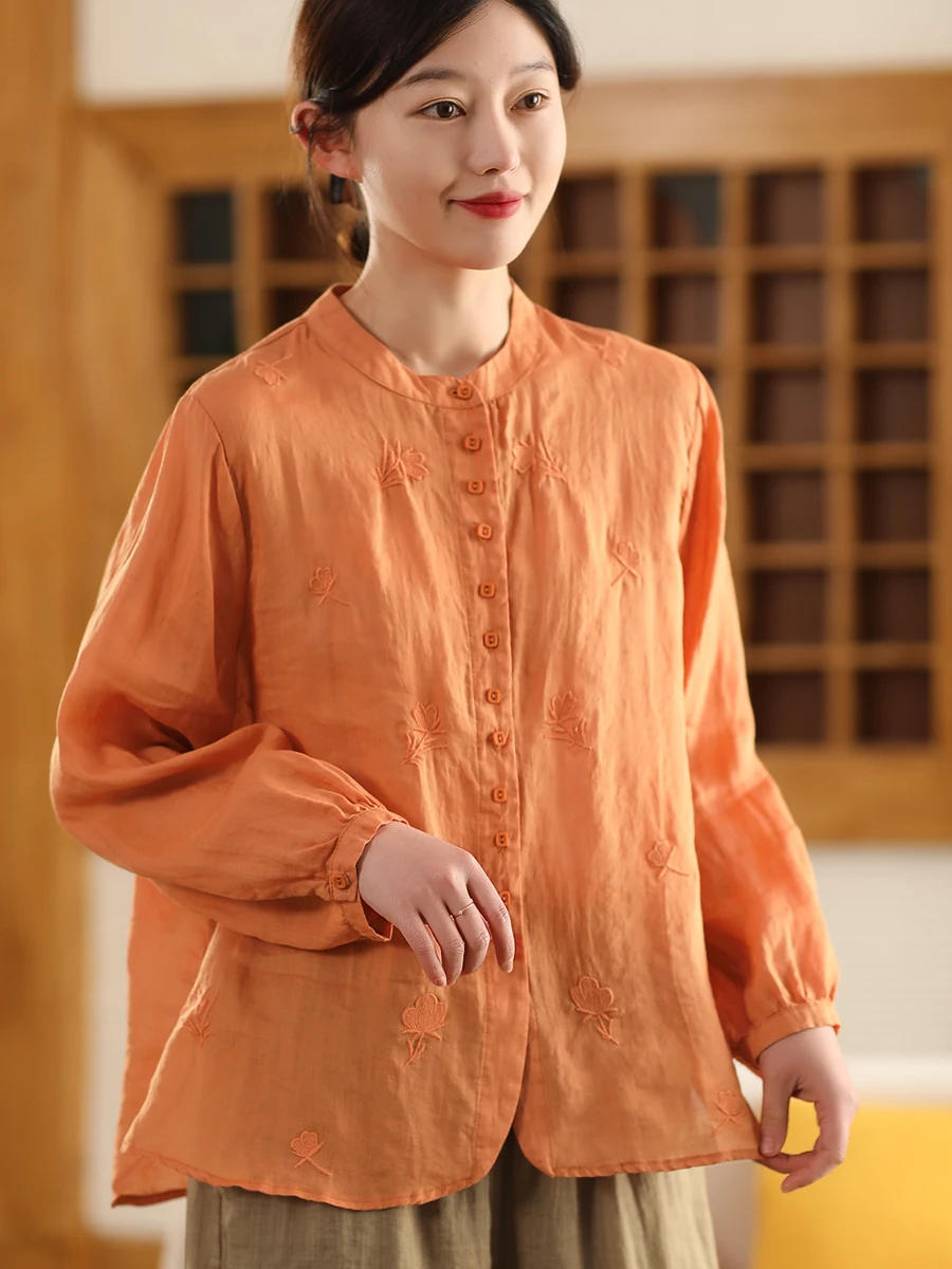 

Женская льняная рубашка Ele Long Sve с вышивкой, двойной строчкой, сложной отделкой, на одной пуговице, повседневная, модная, весенняя