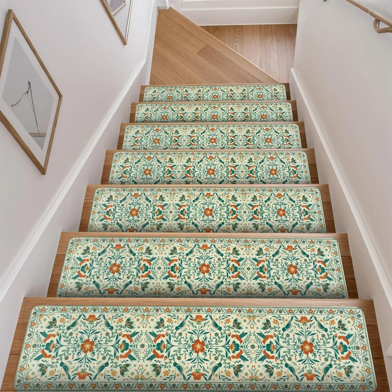 VIKAMA Floral Pattern Staircase Treads Anti-Slip Mat Solid Wood Staircase Carpet， Diatomite Step Pad Christmas Rug， Home Decor
