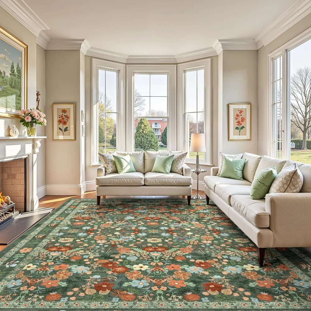 

Green Floral Washable Area Rugs 9x12 For Living Room Large Vintage Boho Non-slip Bedroom Carpet Soft Low Pile Thin Floor Mat