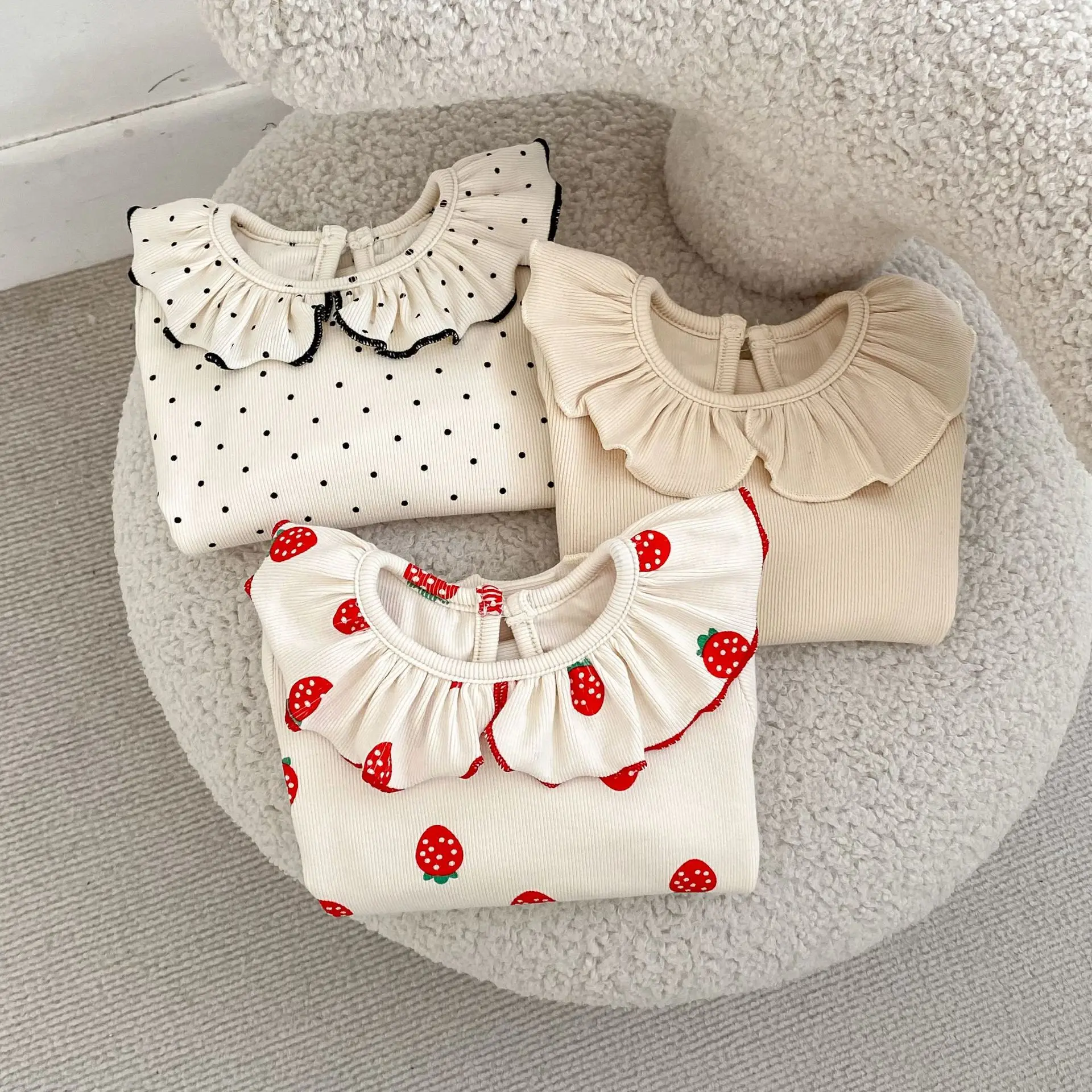 Baby Girl Long Sleeve Top Strawberry Polka Dot Print Ruffle Collar Blouse Kids T-Shirt Sweet Style Autumn Soft Children Clothes