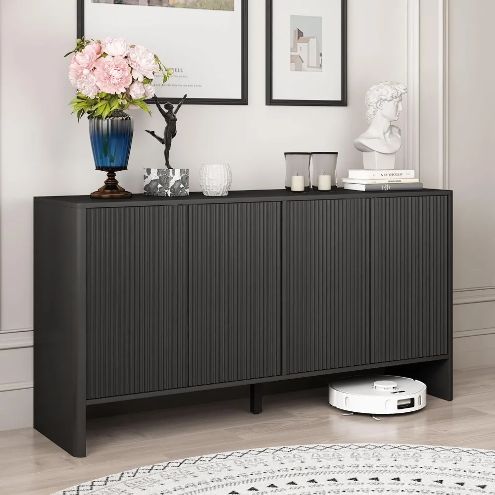

Fluted Sideboard with Doors & Shelves - Buffet & Credenza Storage - Under TV or Bedroom/Entryway Cabinet - Black