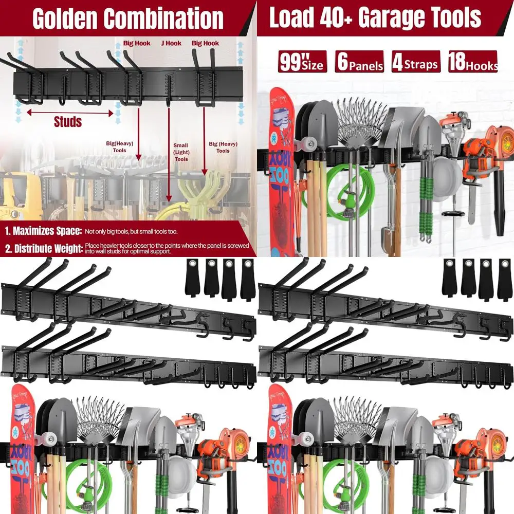 

18-Hook Wall-Mounted Garage Organizer, Space-Maximizing Storage Rack for Tools, Brooms, and Yard Equipment