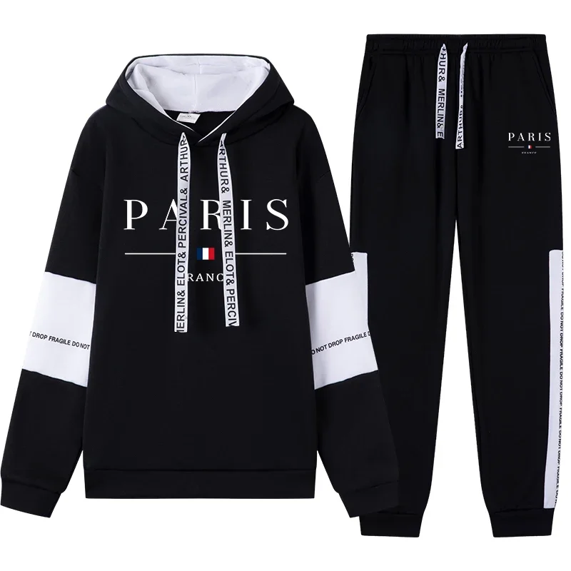 

2025 Autumn Mens Sweatshirt Paris Print Casual Black White Hoodied Jogging Sweatpants Versatile Top Pants Daily Street Tracksuit