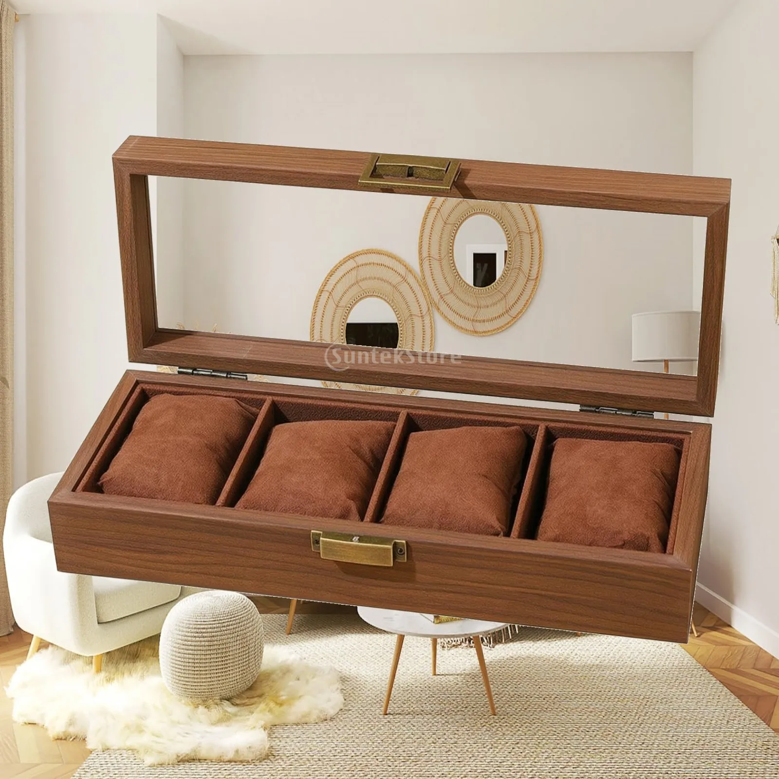 Watch Display Box with Cushioned Compartments Stylish Watch Box with Glass Window Sturdy Sleek for Dresser, Closet