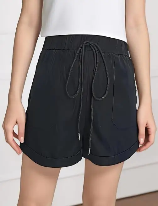 

Summer Solid Color Casual Versatile Lace Up Straight Leg Shorts for Women, Comfortable and Casual High Waist Slim Fit Shorts