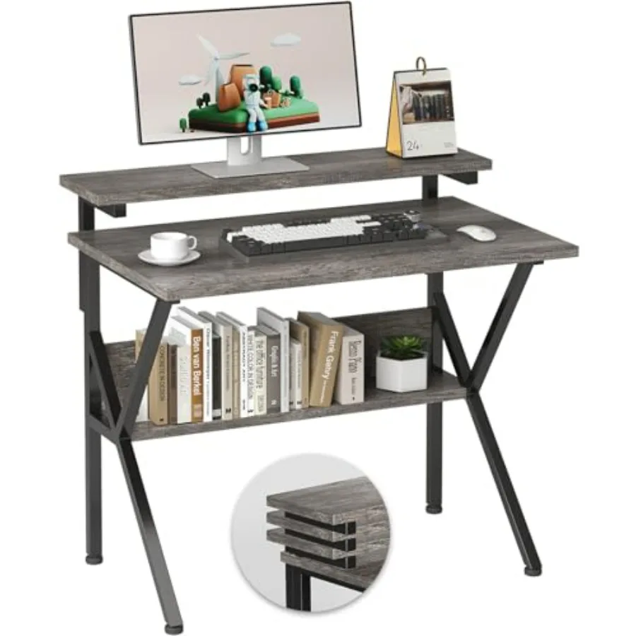 

Small Desk for Small Spaces 27.5 Inch Compact Computer Desk with Adjustable Monitor Stand and Storage Grey Study Desk for Bedro