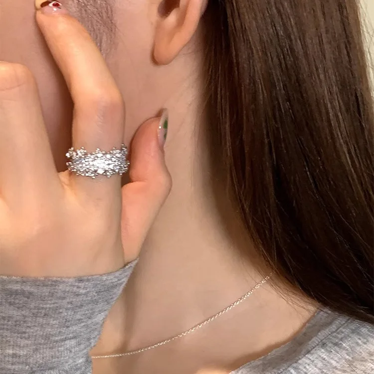 Open Ring Cubic Zirconia Bling Full Set Unique Premium Adjustable Silver Plated Alloy Dainty Stackable Party Jewelry Women