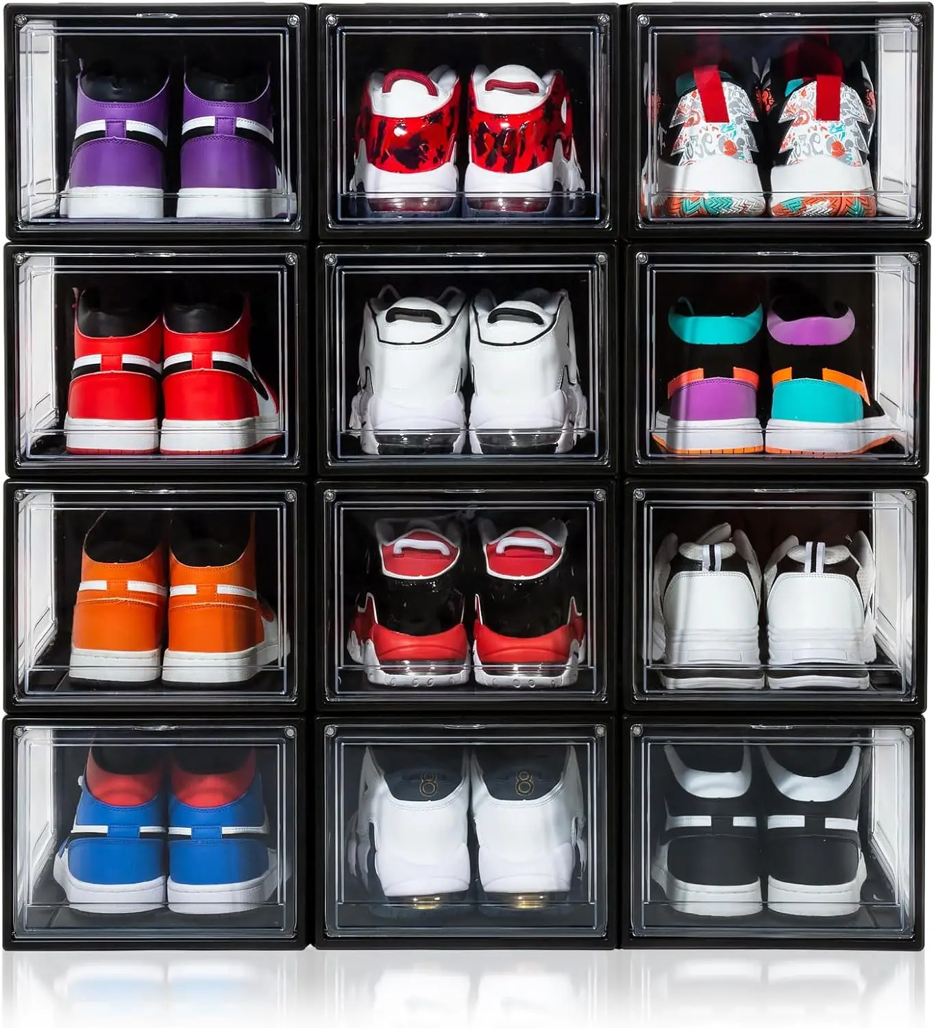 12 Pack Shoe Boxes, Clear Acrylic Plastic Shoe Boxes Stackable, Space-Saving Foldable Drop Front Shoe Storage Boxes Container fo