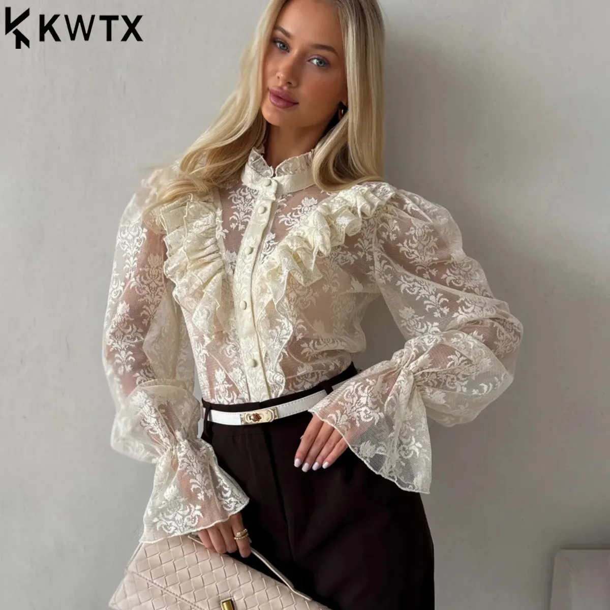 

kt 2026 Winter Jacquard All-Over Lace Multi-Layer Ruffles See-Through Long Sleeve Blouse Women Festive Evening Party New Arrival