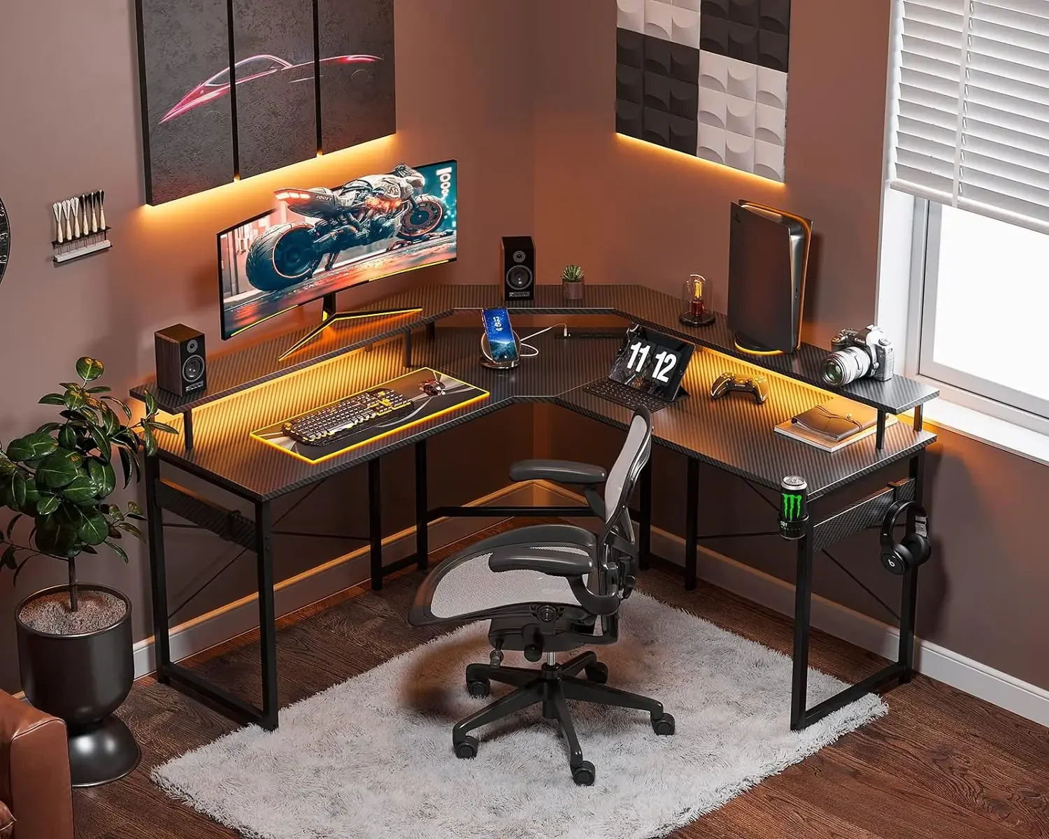 L Em Forma De Computador Gaming Desk, Luzes LED, Tomadas De Energia, Suporte De Monitor Completo, Mesa De Canto Com Suporte De Copo E Ganchos, 51"