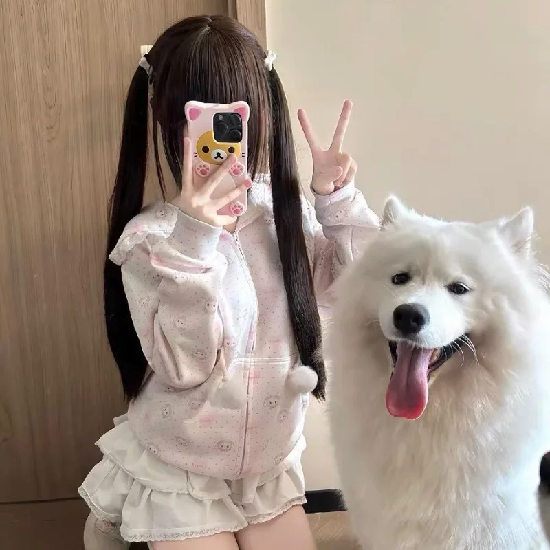 Japanese Subculture Sweet Kawaii Lace Hooded Sweatshirt Spring Girls Cute Sweet Zipper Hoodie Lolita Loose Jacket Y2k Clothes view 3