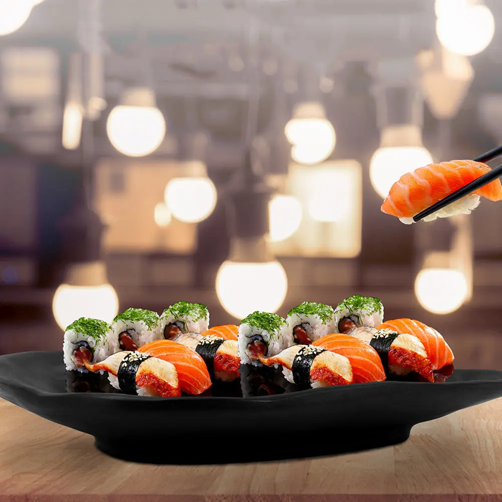 

2Pcs Black Sushi Serving Trays Fashionable Dishes Plate Versatile Food Plate No Burrs Easy Handle Clean Use Simple Sushi Tray