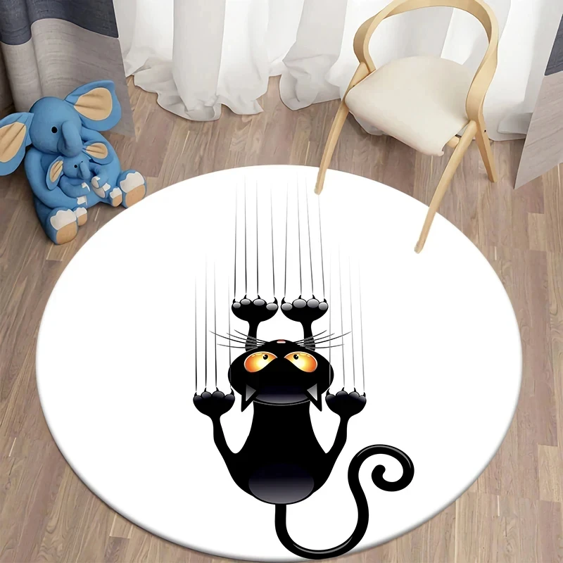 

Black Cat Round Carpet Kawaii Cartoon Animal Print Rug for Living Room Bedroom Chair Decor Comfort Yoga Mat Non Slip Floor Mats