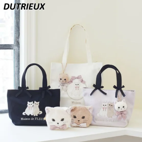 

New Cute Double Cat Embroidered Satin Double Bow Portable Tote Women's Bag Fashion Sweet Casual Bags for Lady Japanese Style
