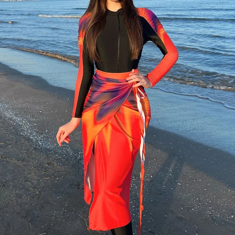 ملابس سباحة نسائية إسلامية من بوركيني متدرجة باللون الأحمر بأكمام طويلة وبنطلون وسحاب ملابس سباحة صيفية للشاطئ