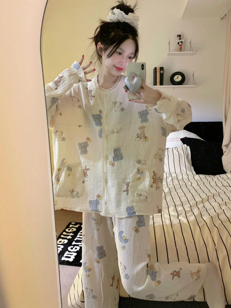 Pajama Sets Women Kawaii Prints Lounge Schoolgirls Lace Spring Autumn Stylish Round Neck Japanese Style Pajamas Sweet Nightwear