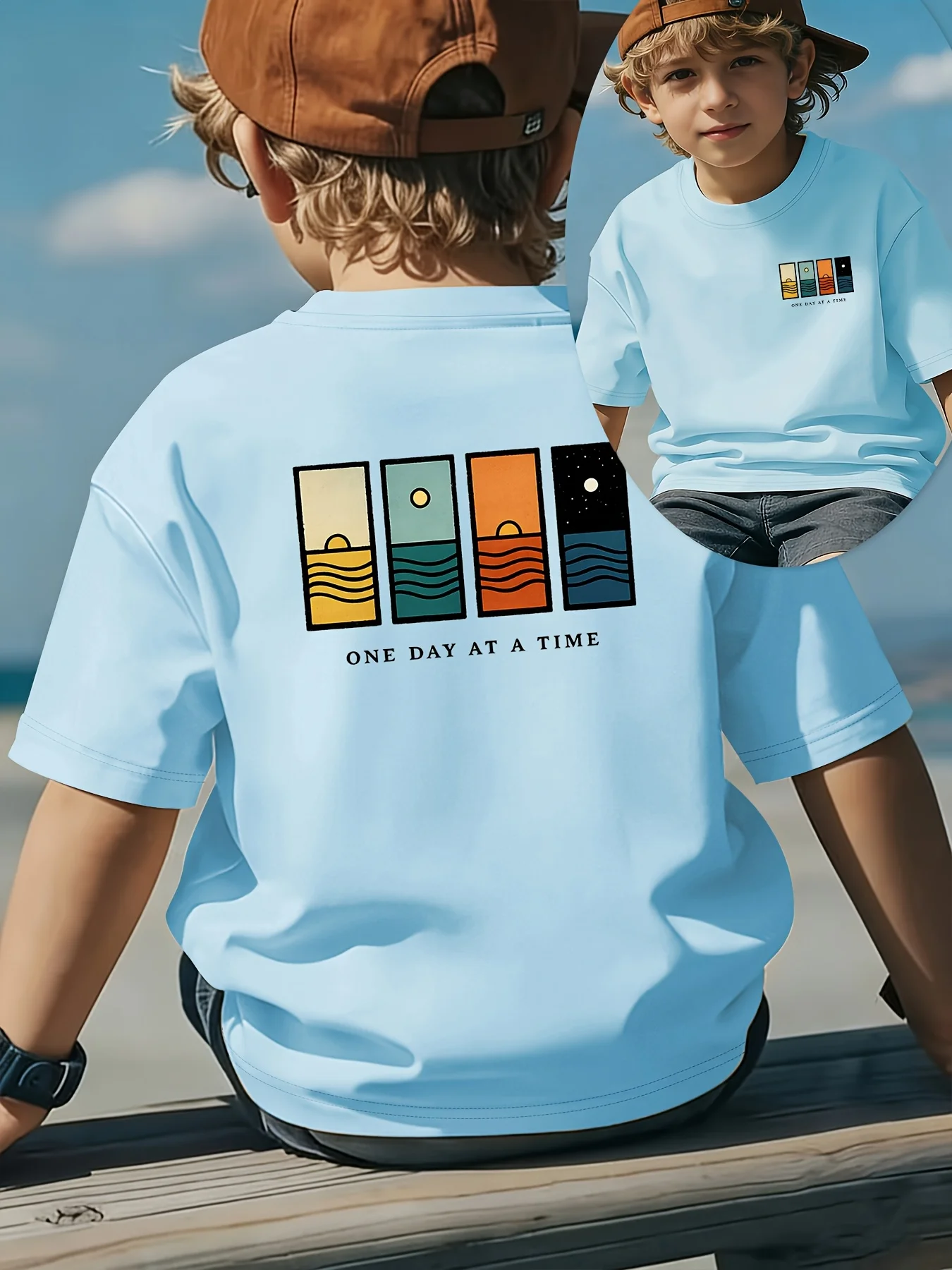 Boys Front & Back Print Short Sleeve T‑Shirt, Sunrise Sunset Ocean Wave Starry Sky Graphic Crew Neck Tee for 1‑14Y