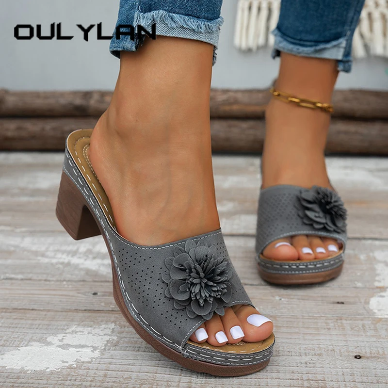 

Oulylan однотонные сандалии на толстой подошве с цветком, большие размеры, полые тапочки, женские повседневные пляжные сандалии с открытым носком