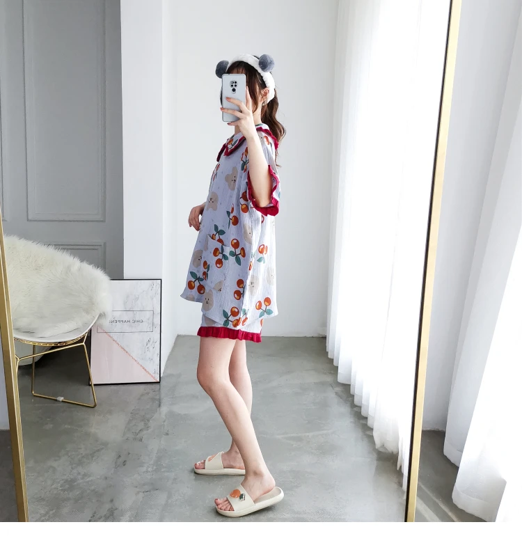 Princess Girl Summer Cotton Peter Pan Collar Short Sleeve Shorts Two-piece Cardigan Pajamas 2025 New Cute Print Loose Loungewear