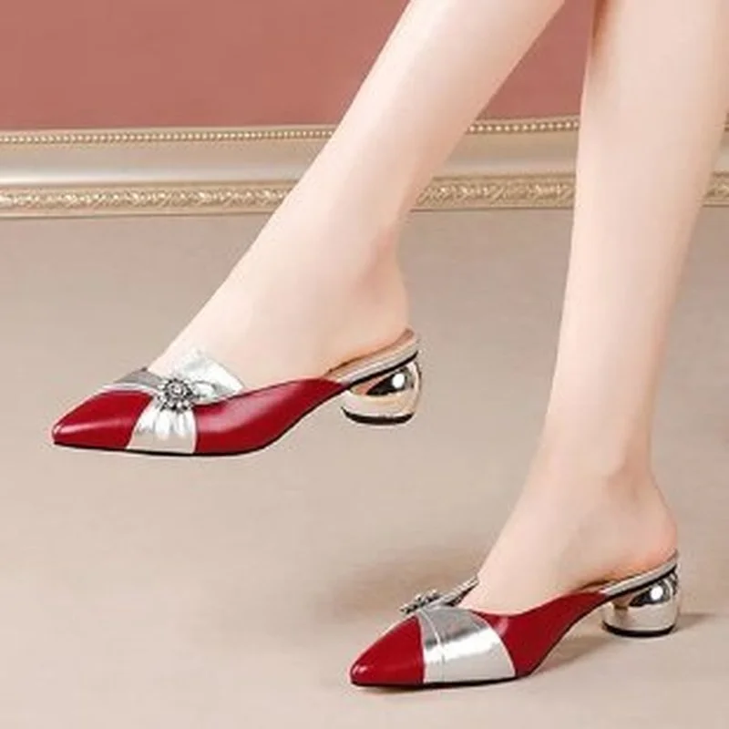 

Baotou Half Slippers Middle Heel 2022 Summer New Red Fashion Outer Wear Thick Heel Color Matching Lazy All-match Women's Shoes