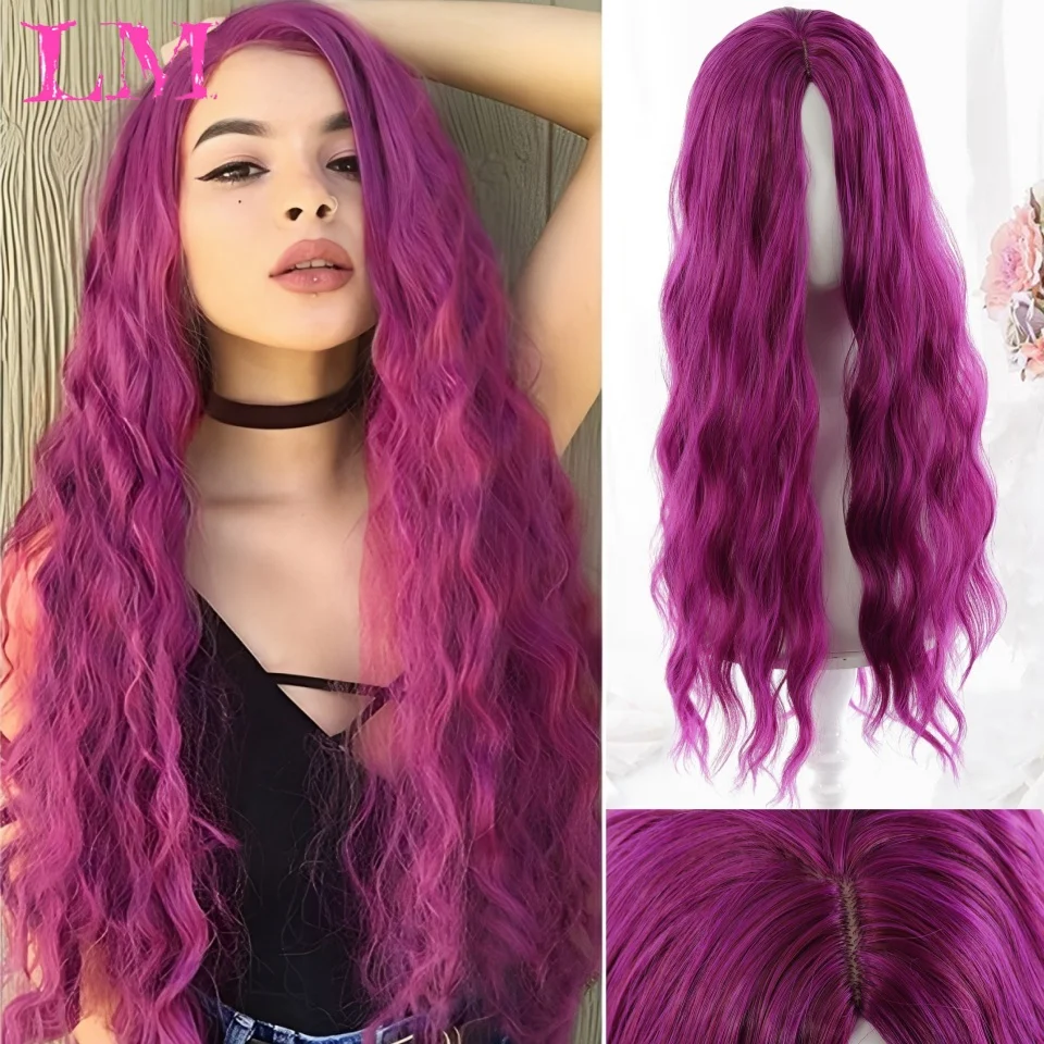 LM Synthetic Wigs Long Water Wave Wig Vibrant Fuchsia Mermaid Curly Synthetic Full Wig for Ladies Cosplay Y2K Daily Fashion