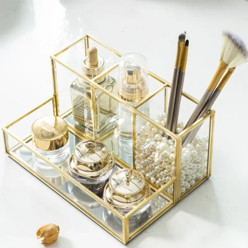 Luxury Makeup Brush Blush Brush Storage Bucket Glass Metal Ornaments Home Decoration Desktop Table Makeup Storage Tube Organizer