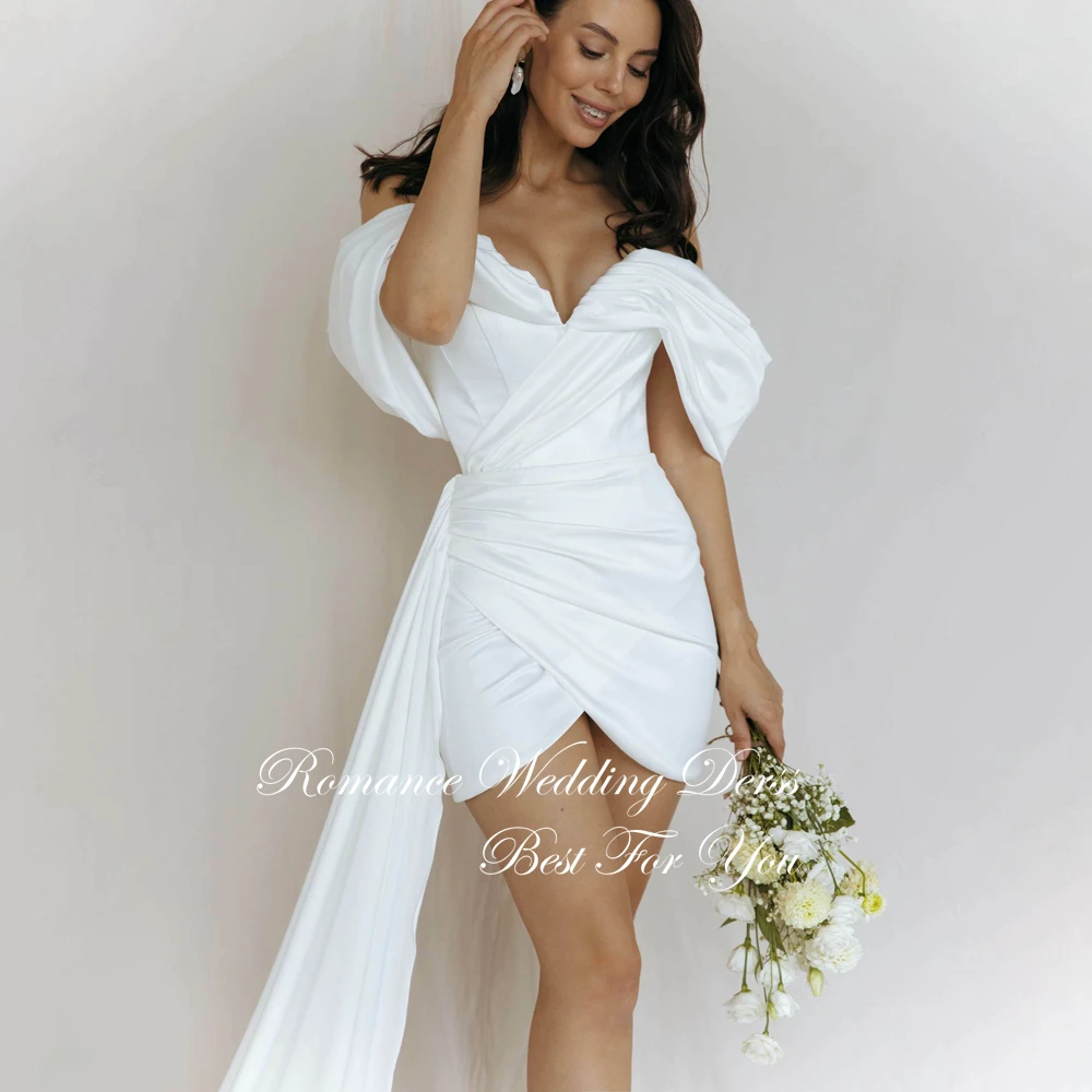 فستان زفاف بسيط مطوي قصير غمد للنساء قبالة الكتف على شكل حرف v سبليت مفتوح الظهر فستان زفاف Vestidos De Novia مخصص