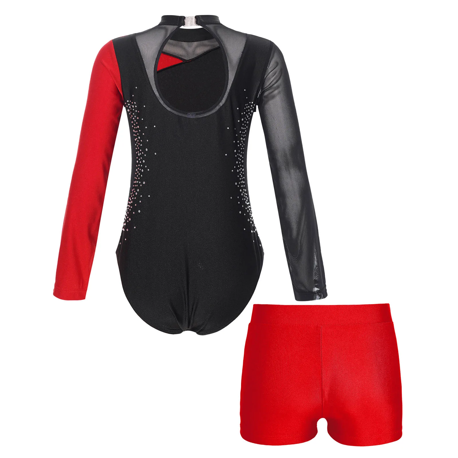 Kids Girls Gymnastics Artistic Figure Skating Ballet Jersey Dance Costume Shiny Rhinestone Long Sleeve Jumpsuit with Shorts