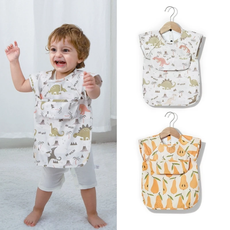 Cartoon Pattern Baby Feeding Apron Toddlers Short Sleeved Drooling Bib PU Waterproof Smock for Mess Meals