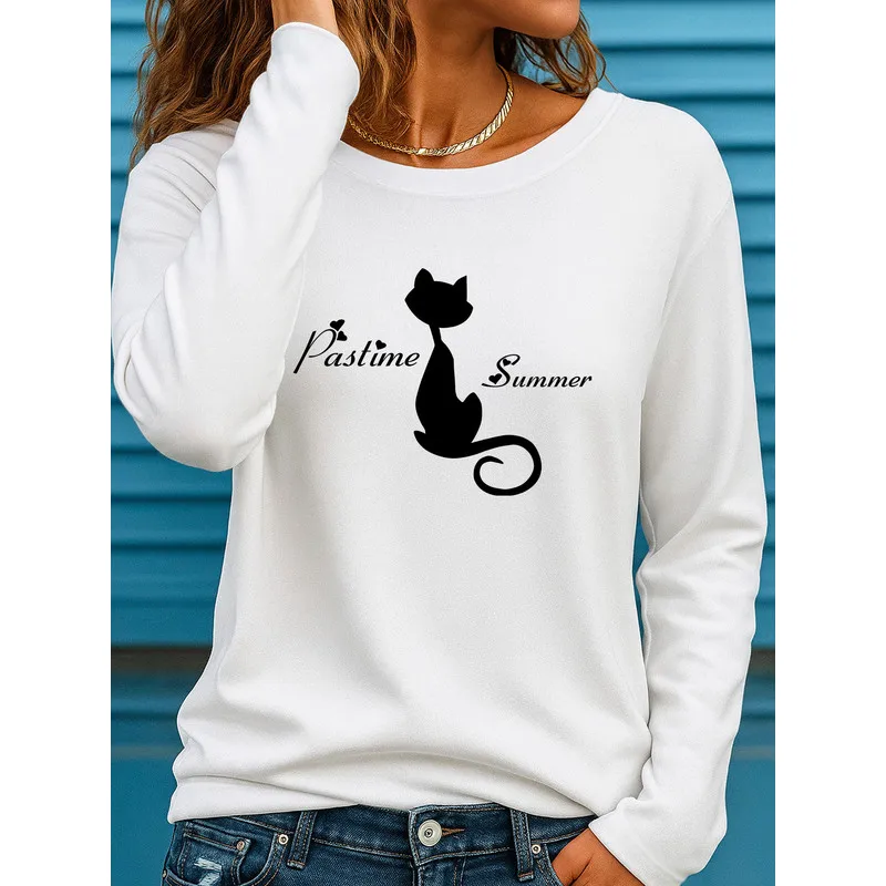 Women's Oversized Cat Print T-Shirt - Long Sleeve Crew Neck -Compatible Top | Non- Suitable for Fall/Winter Layering