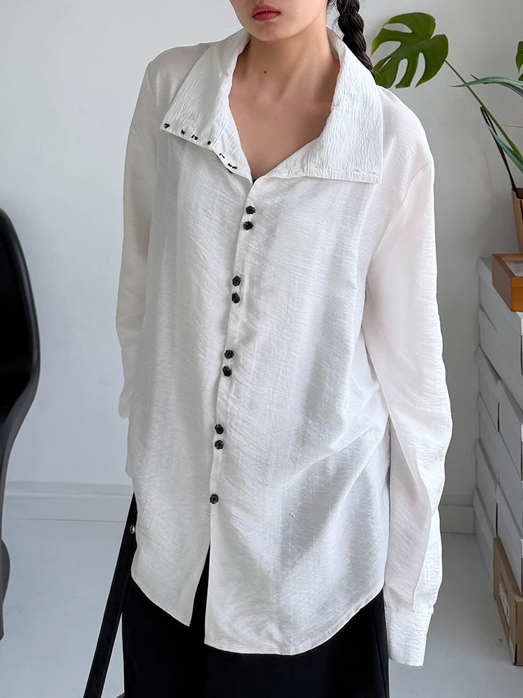 

Повседневная свободная рубашка унисекс с пуговицами на спине, драпировкой и складками, с длинным рукавом, белая, в модном стиле