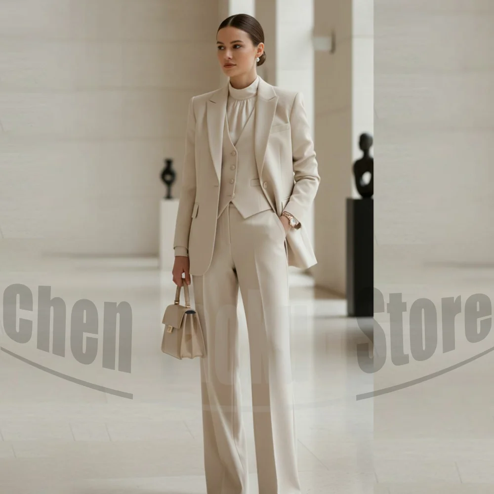 

Beige Women Suit 3 Piece Chic Single Button Blazer Vest and Wide Leg Pants Elegant Formal Smart Casual Wedding Party Tuxedo