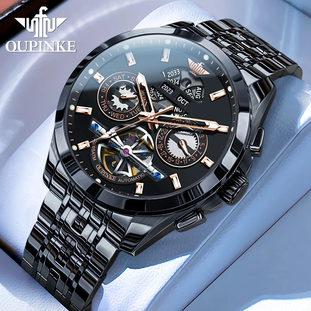 OUPINKE 3251 Herenhorloge Luxe saffierglas Tourbillon mechanisch horloge ﻿   Wolfraamstaal 50M waterdicht horloge voor heren geschenkdoos