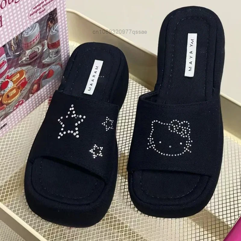 Hot Diamond Hello Kitty Star Slippers with Thick Sole Y2k Cute Cartoon Trend Home Sandals for Women Summer Outwear Beach Shoes