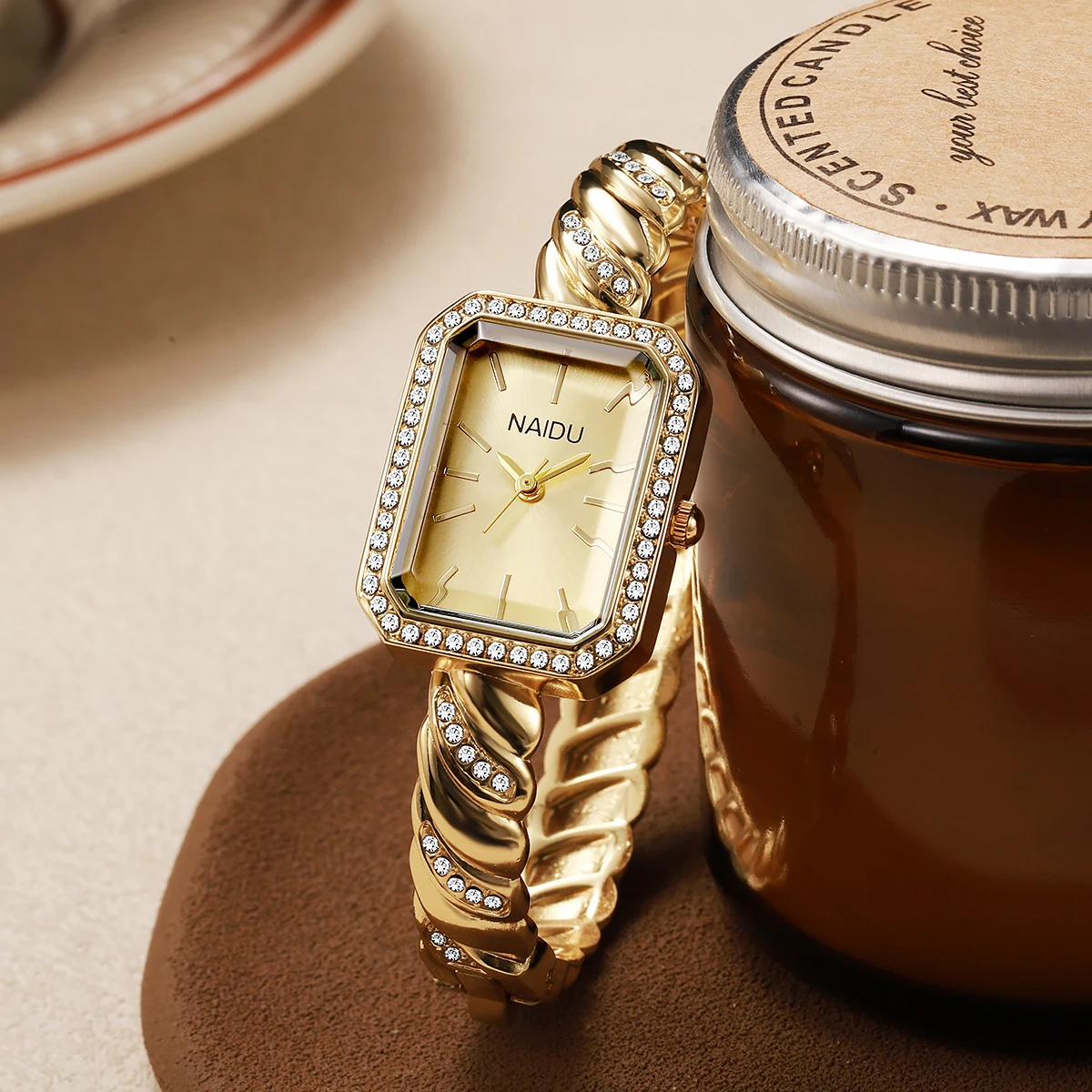 Luxury Women's Rectangular Watch Rhinestone Bezel Twisted Rope Link Bracelet Gold Silver Analog Wristwatch Jewelry Gift