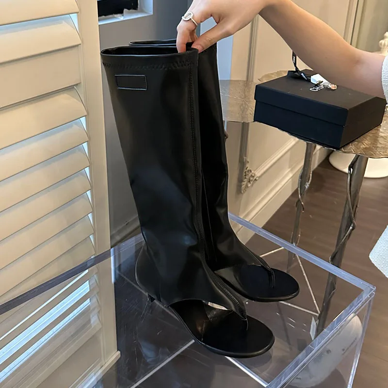 Fashion Low Heel Woman Knee High Boots Round Toe Zipper Party Summer Ladies Shoes Female Designer Flip Flops Sandals Booties
