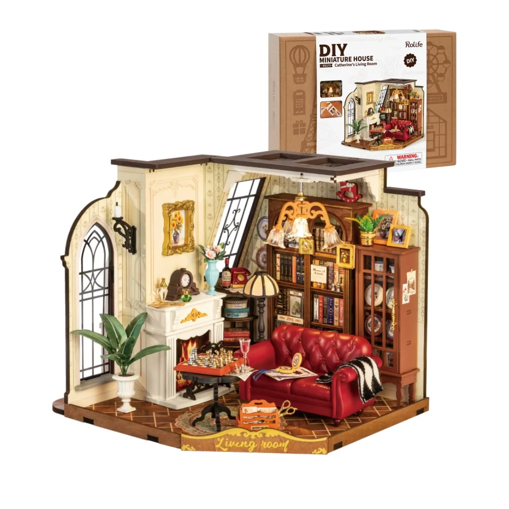 Robotime Rolife Catherine's Living Room DIY Kit de casa en miniatura Kit de construcción de modelo de casa de muñecas de madera con LED y muebles DG175