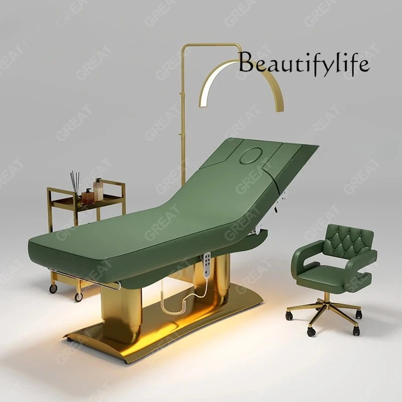 

Hot Sale Beauty Salon Furniture Golden Base pink Leather 4 Motors Electric Adjustable Massage Table and Bed