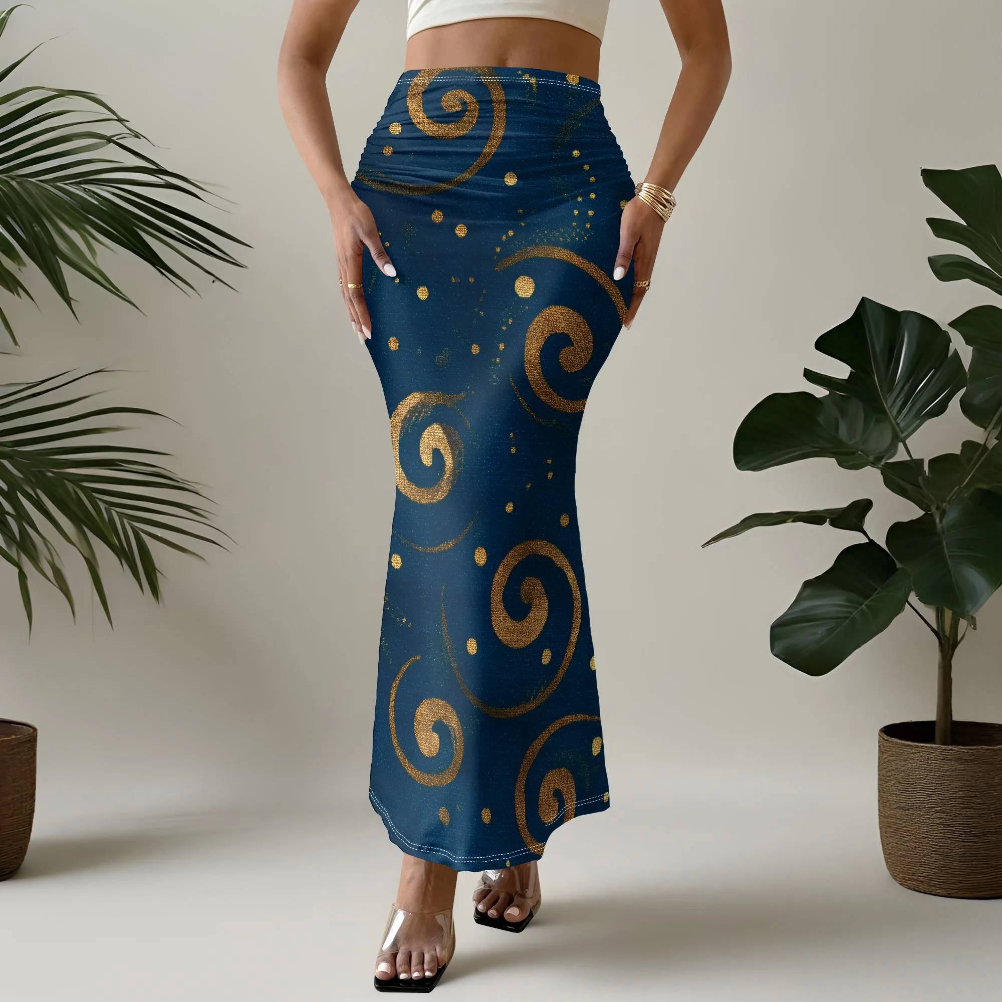 Gold Swirl Print Mermaid Skirt, Blue Maxi Skirt, Boho Long Skirt for Women, Summer Beach Party Dress S-3XL