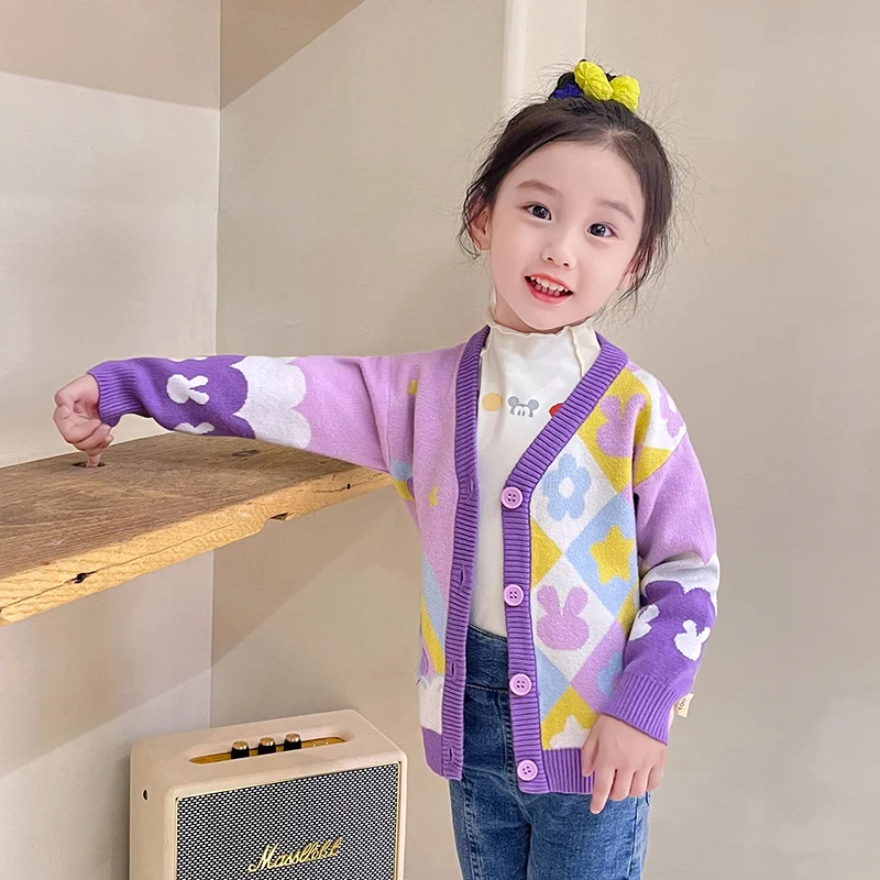 Disney Star Dailu Autumn New Girls Cardigan Jacket Cartoon Top Cute Purple Long Sleeve Sweater