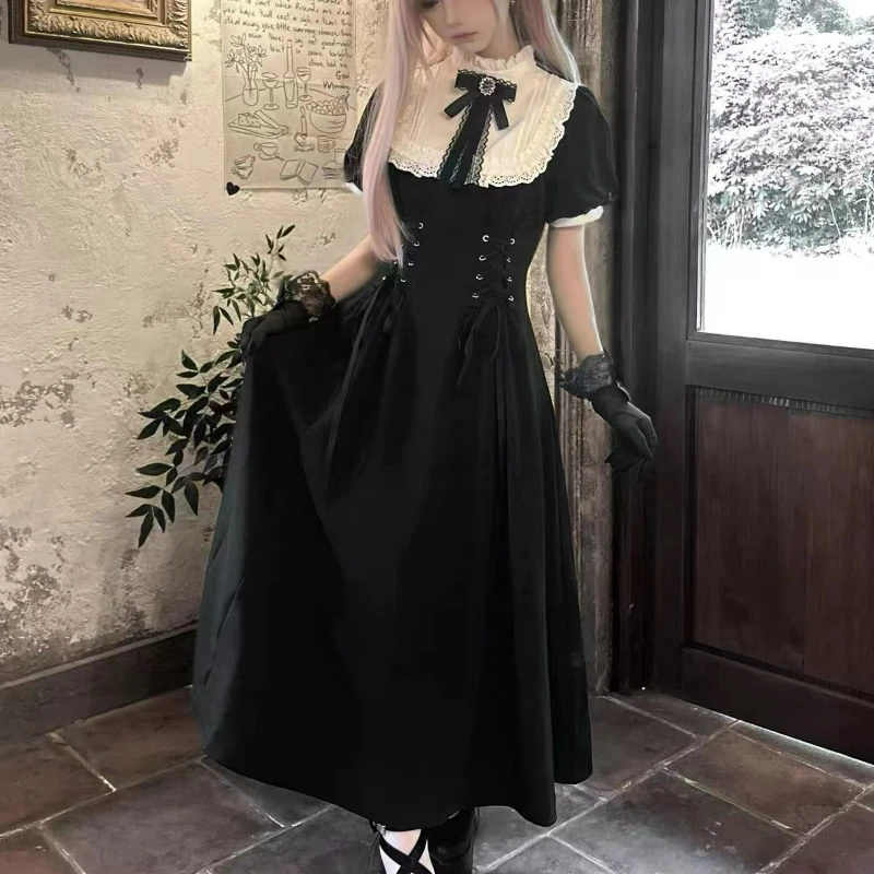 

Japanese Vintage Gothic Lolita Dress Women Elegant Bow Lace Patchwork Short Sleeves Party Dresses Female Y2k Slim Princess Dress