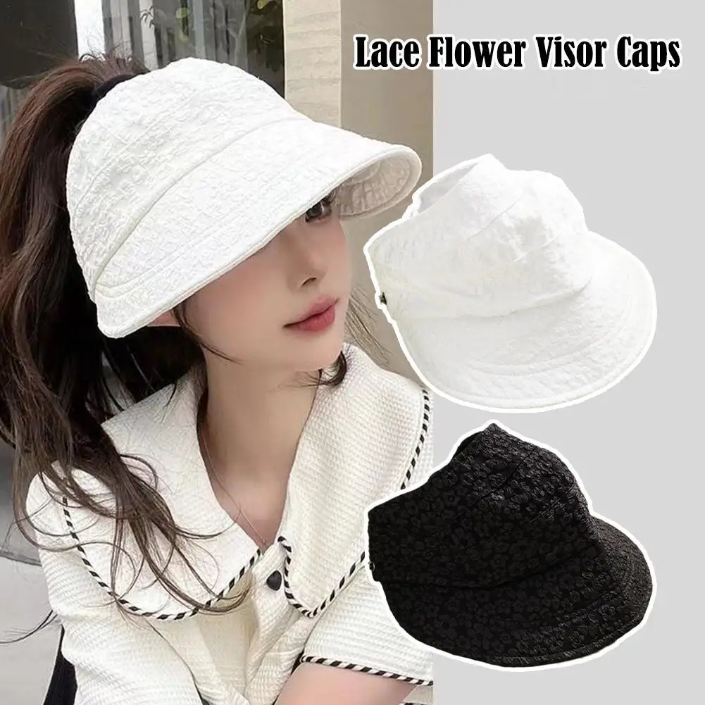 

Women Summer Sun Hats Korean Lace Flower Visor Caps High Ponytail Foldable Anti-UV Floppy Bucket Cap Outdoor Casual Baseball Hat