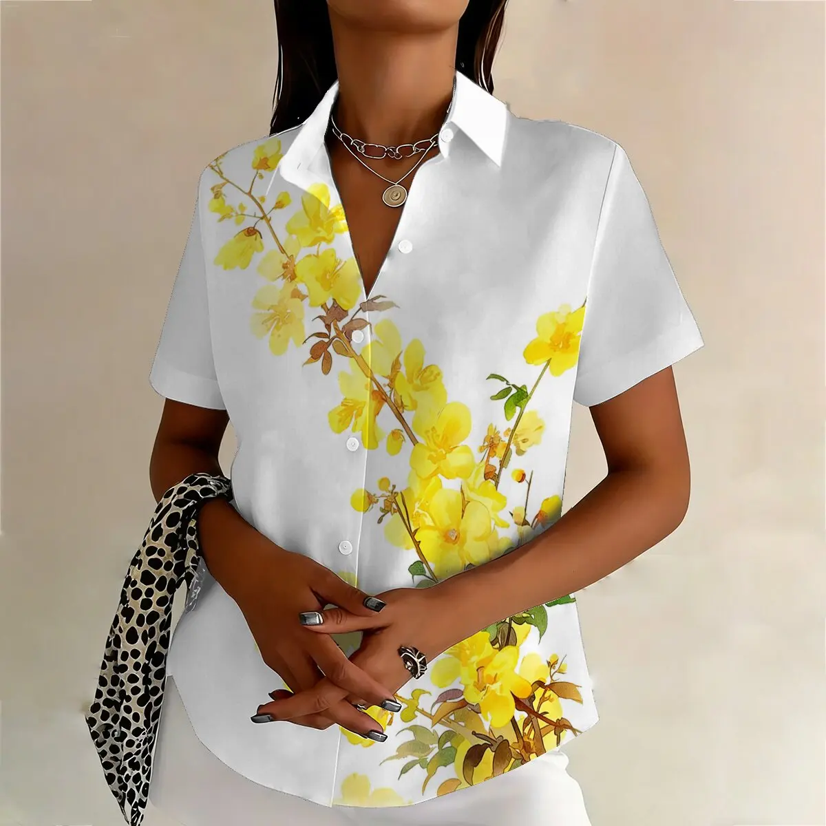 Summer plus-size women's short-sleeve shirt with bright yellow floral pattern,lively and age-reducing,suitablefor outdoor view 2