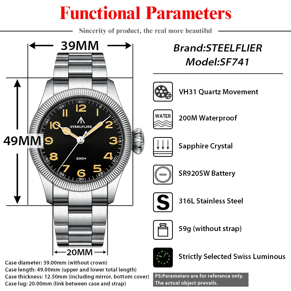 STEELFLIER Offizielle SF741 klassische Quarz-Armbanduhr, Souvenirs, Saphirspiegel, VH31, stumm, 200 m wasserdicht, luxuriöse Leuchtuhr – Detail 2
